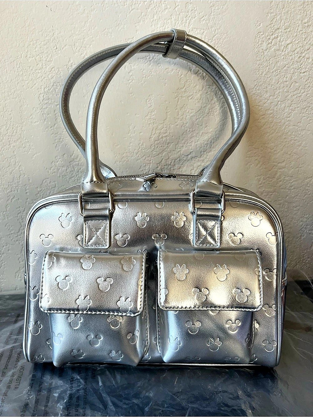 Loungefly Disney Mickey & Minnie Silver Metallic Shoulder Purse - NWT